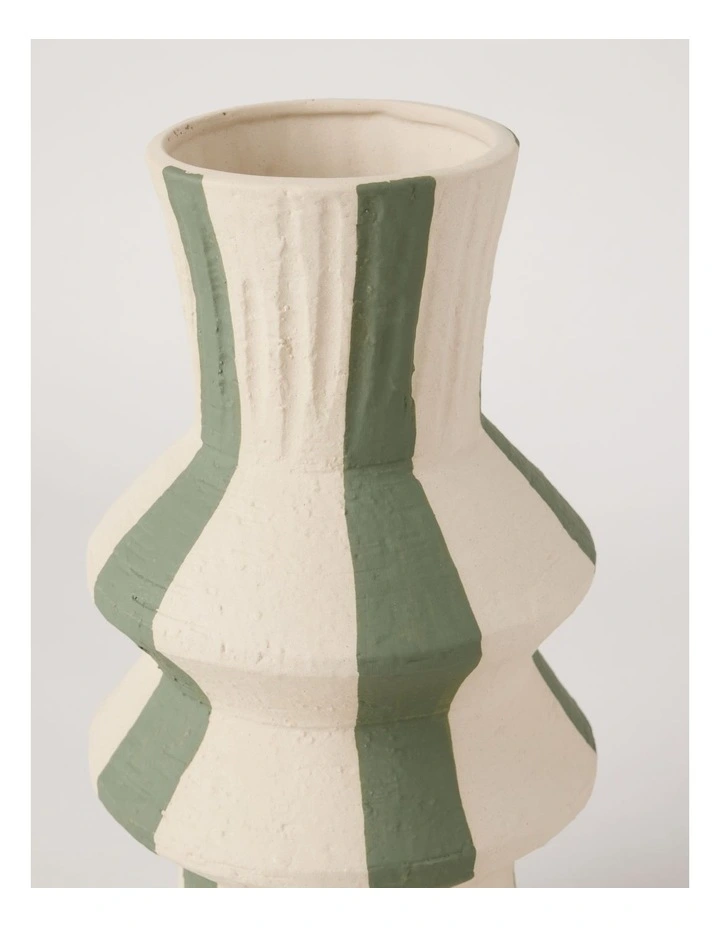 Striped Ceramic Vase 31cm in White and Green image 2