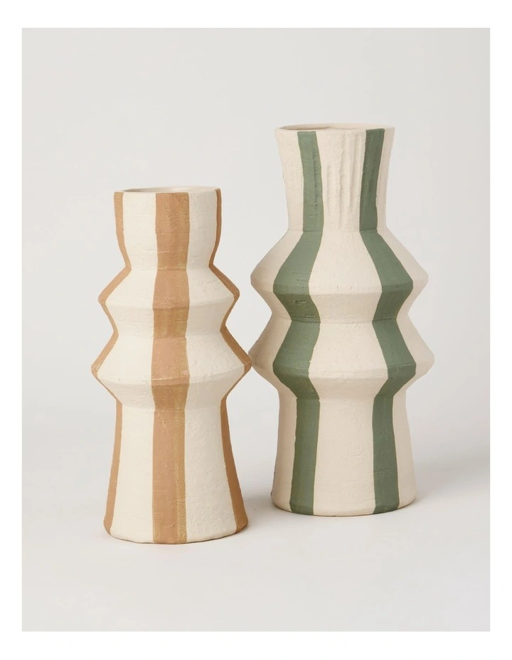 Striped Ceramic Vase 31cm in White and Green image 3