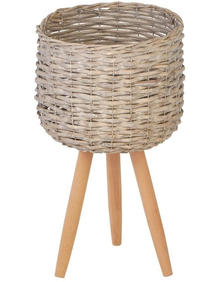 Medium Natural Wicker Planter Pot with Stand in Grey image 1