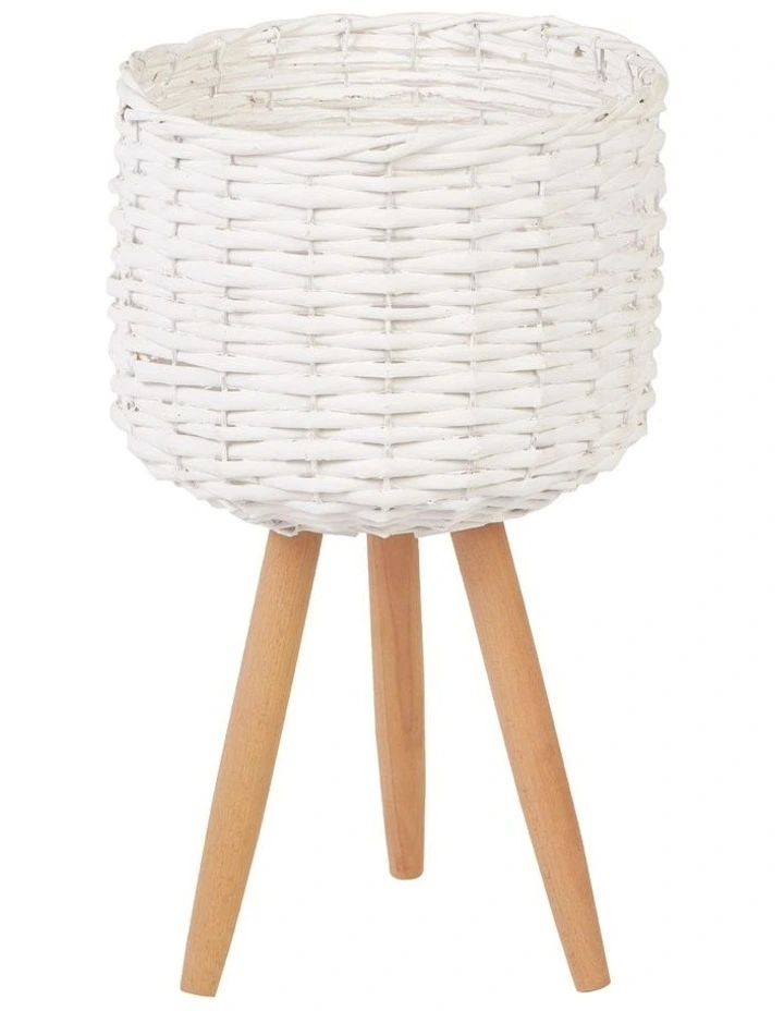 Medium Natural Wicker Planter Pot with Stand in White image 1