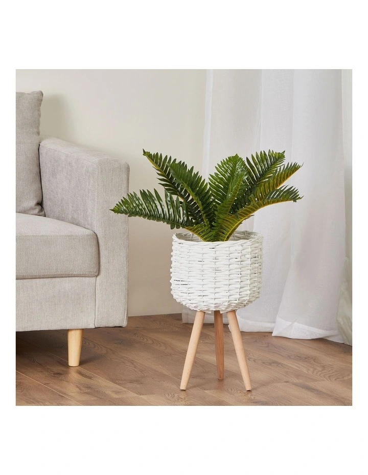Medium Natural Wicker Planter Pot with Stand in White image 2
