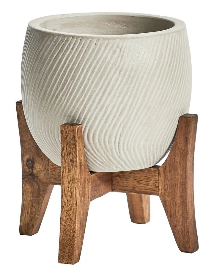 Ceramic Pot On Acacia Wood Stand 24cm in White image 1