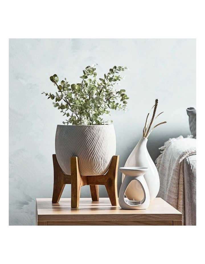 Ceramic Pot On Acacia Wood Stand 24cm in White image 2
