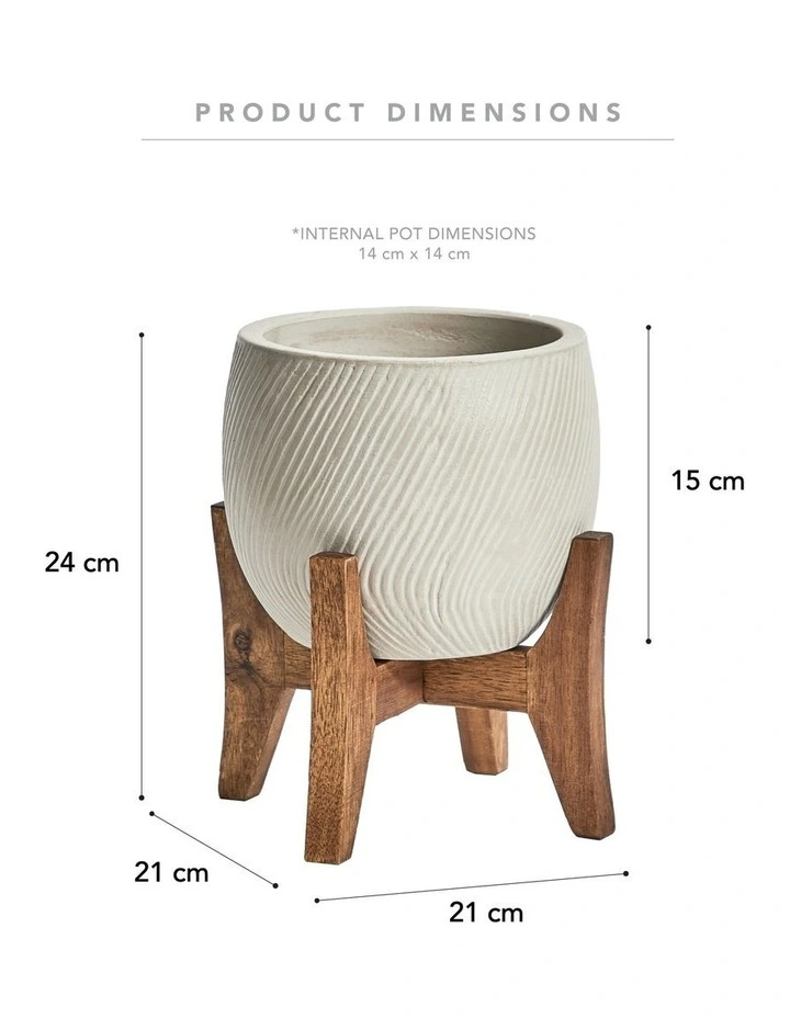 Ceramic Pot On Acacia Wood Stand 24cm in White image 3
