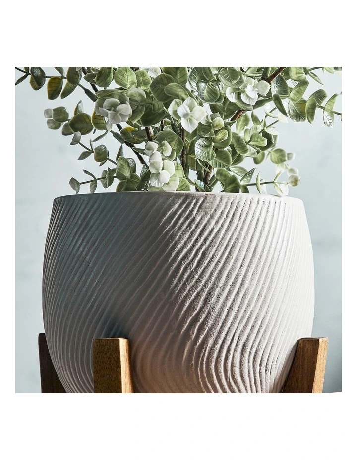 Ceramic Pot On Acacia Wood Stand 24cm in White image 4