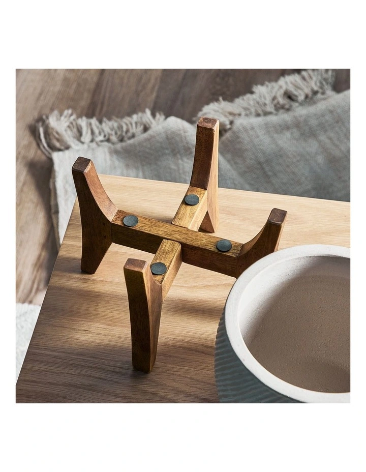 Ceramic Pot On Acacia Wood Stand 24cm in White image 6