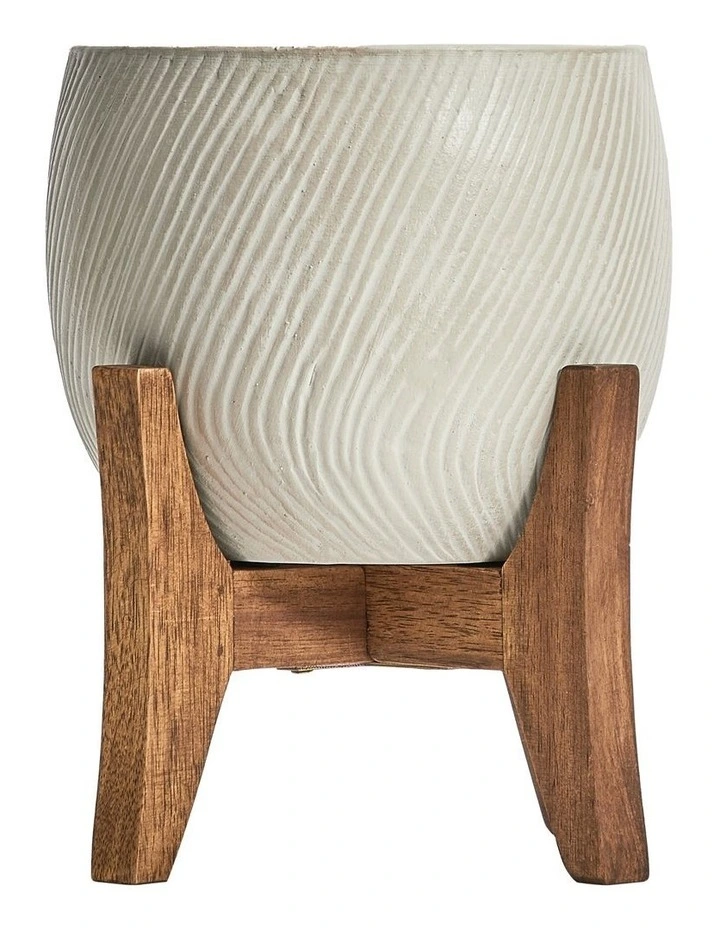 Ceramic Pot On Acacia Wood Stand 24cm in White image 7