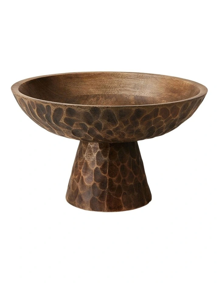 Carved Dark Wash Pedestal Bowl 34x20cm in Brown image 1