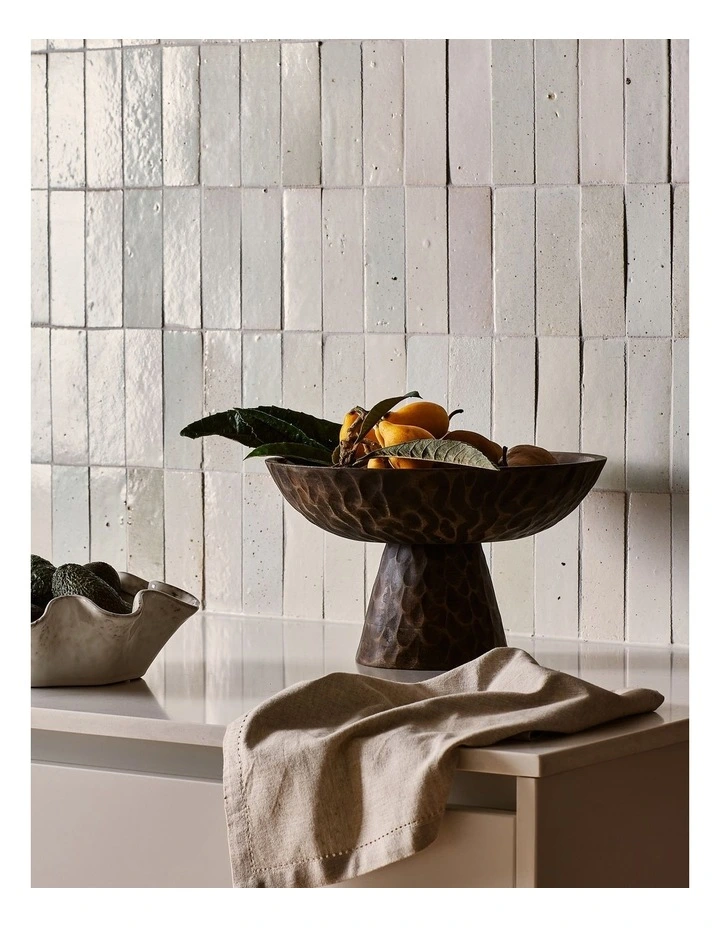 Carved Dark Wash Pedestal Bowl 34x20cm in Brown image 2