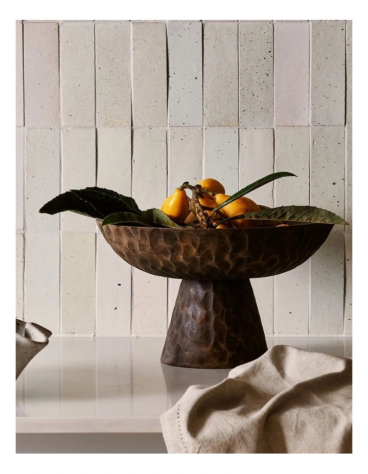 Carved Dark Wash Pedestal Bowl 34x20cm in Brown image 3