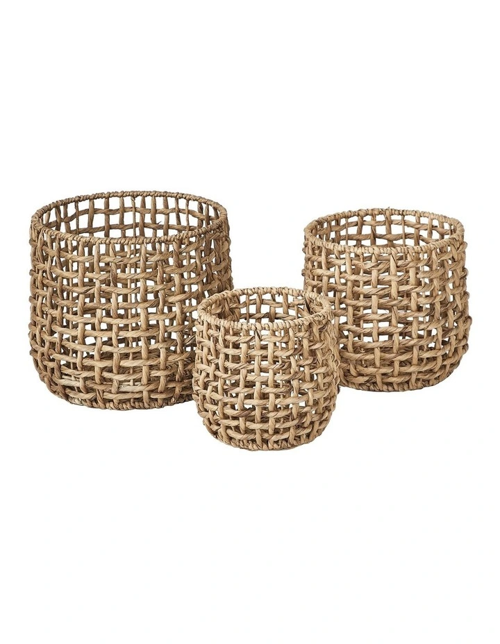 Open Weave Water Hyacinth Baskets Set of 3 in Brown image 1