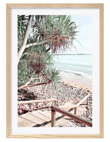 Australian Made Noosaville Beach Stairs Art Print A2 Frame in Natural Oak