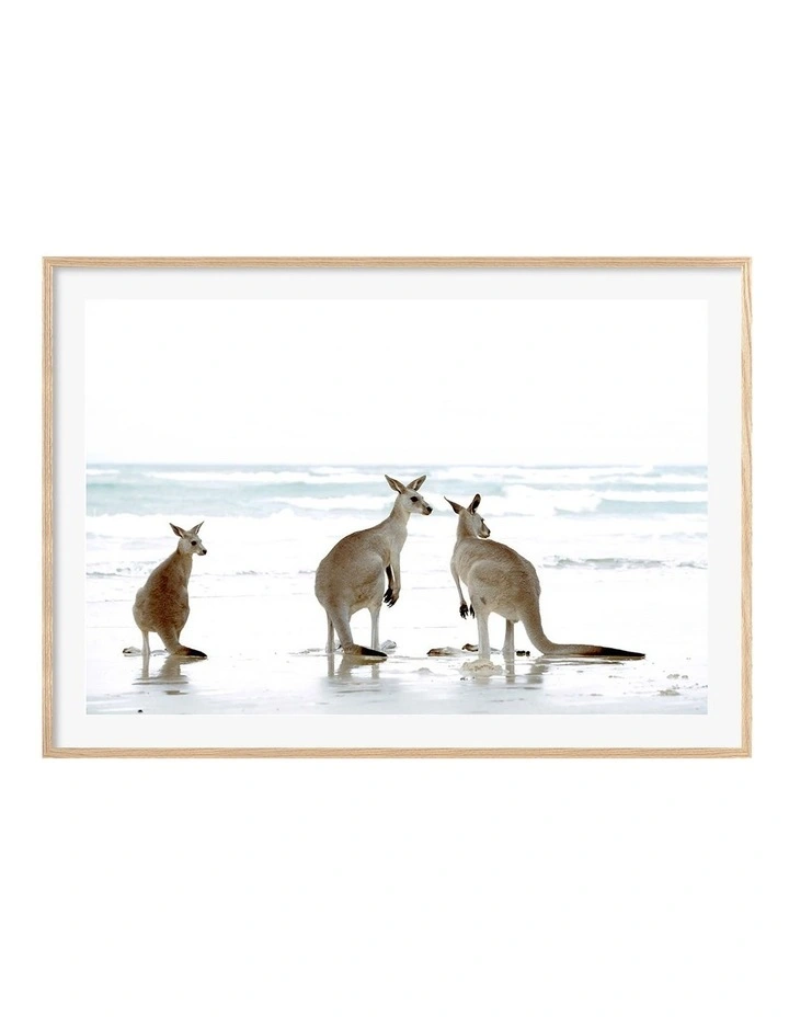 Australian Made Kangaroo Beach Art Print A0 Frame in Natural Frame image 1