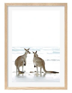Australian Made Kangaroo Couple Art Print A1 Frame in Natural Frame