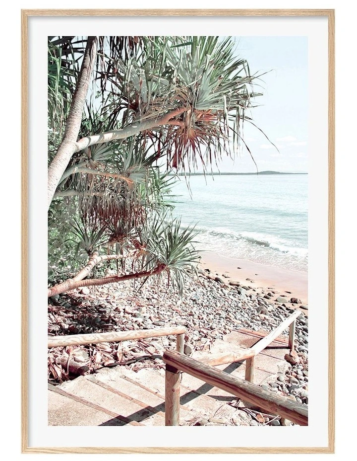 Australian Made Noosa Beach Stairs Art Print A0 Frame in Natural Frame image 1