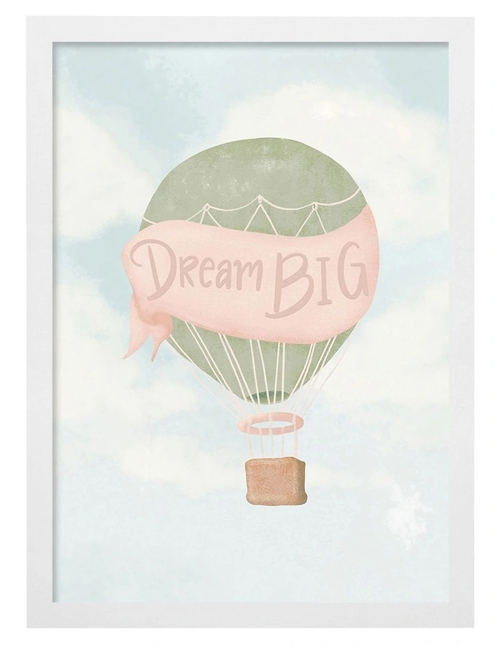 Australian Made Dream Big Hot Air Balloon Kids Art Print White Frame image 1
