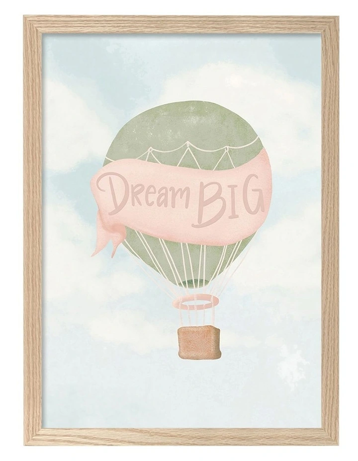 Australian Made Dream Big Hot Air Balloon Kids Art Print Natural Frame image 1