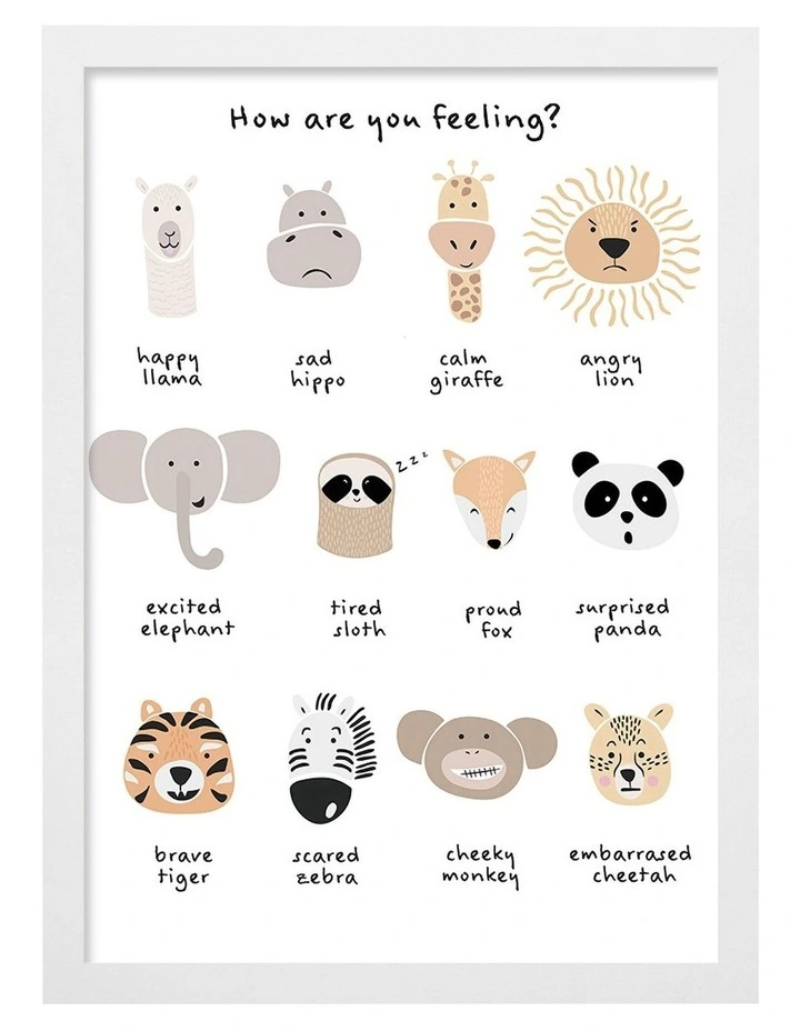 Australian Made Animal Emotions Kids Art Print White Frame image 1
