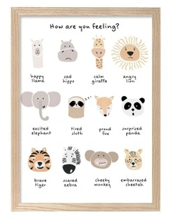 Australian Made Animal Emotions Kids Art Print Natural Frame