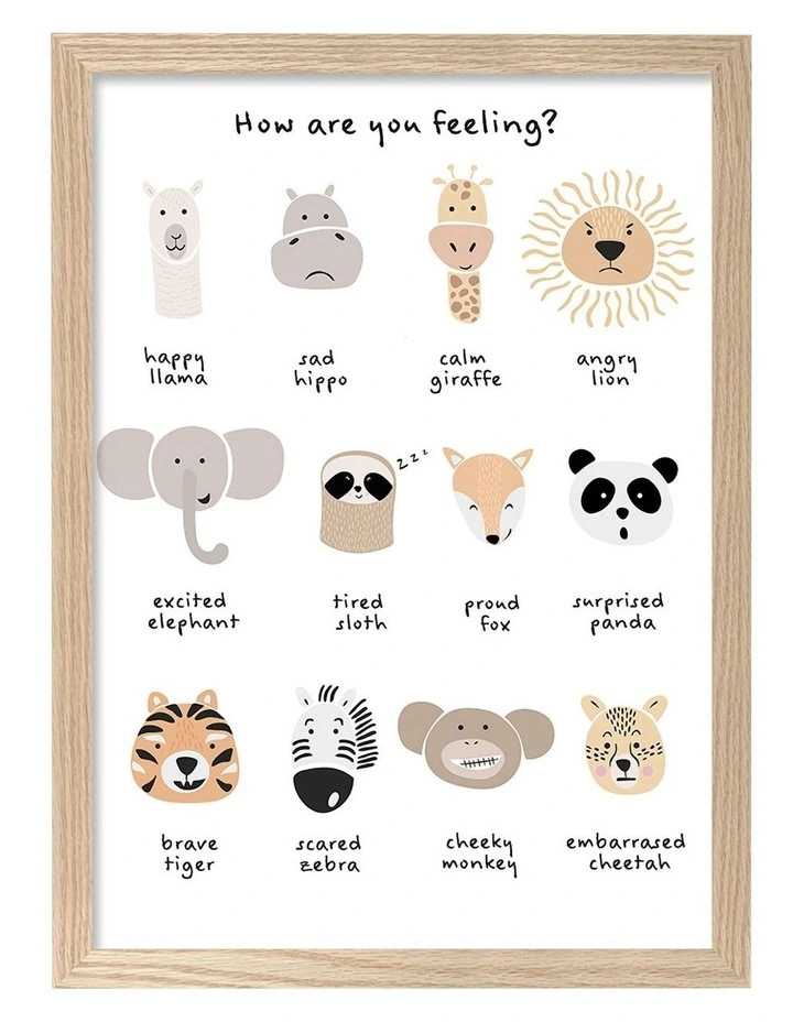 Australian Made Animal Emotions Kids Art Print Natural Frame image 1