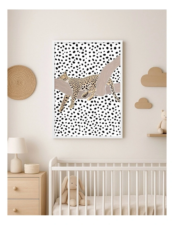 Australian Made Sleeping Leopard Kids Art Print White Frame image 2