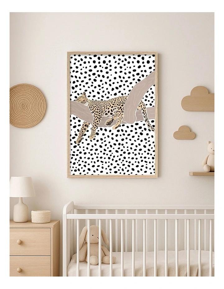 Australian Made Sleeping Leopard Kids Art Print Natural Frame image 2