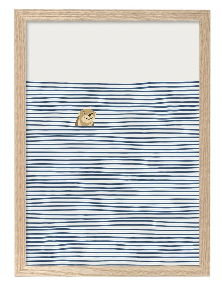 Australian Made Otter In The Waves Kids Art Print Natural Frame image 1