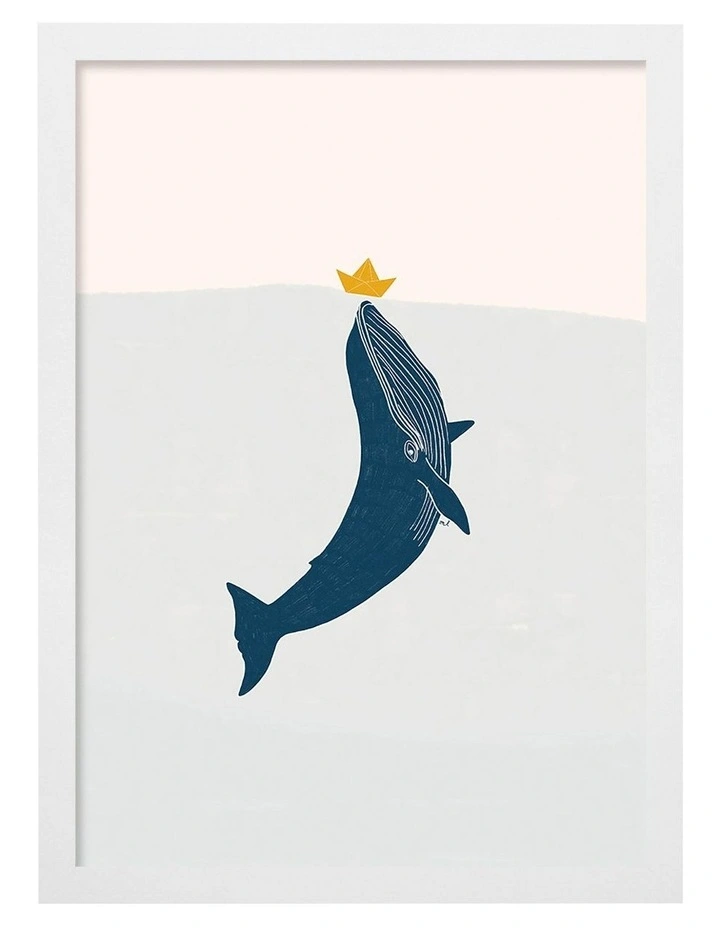 Australian Made Blue Whale Sailing Boat Kids Art Print White Frame image 1