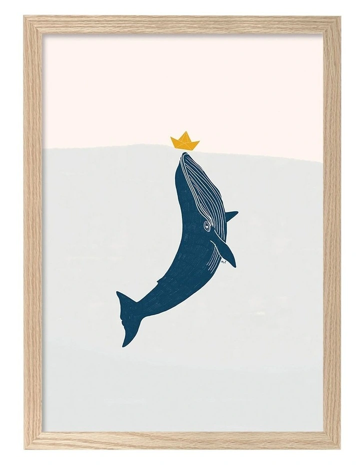 Australian Made Blue Whale Sailing Boat Kids Art Print Natural Frame image 1
