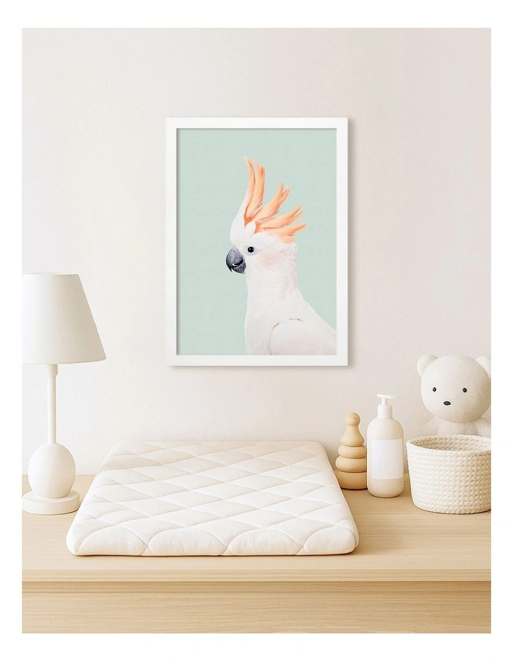 Australian Made Cockatoo on Mint Kids Art Print White Frame image 2