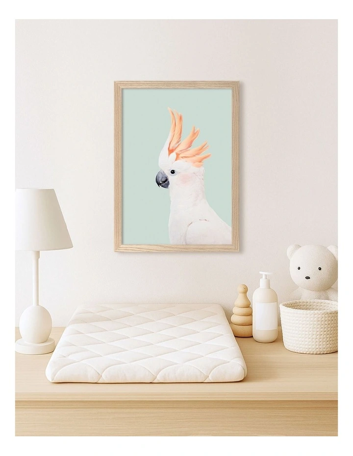 Australian Made Cockatoo on Mint Kids Art Print Natural Frame image 2