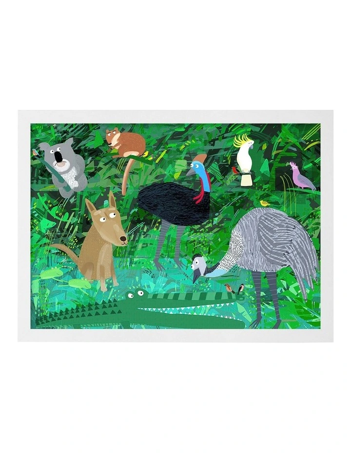 Australian Made Australian Animals in the Jungle Kids Art Print White Frame image 1