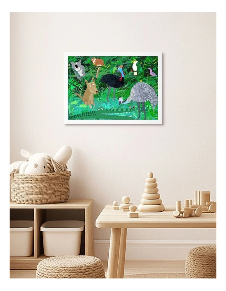 Australian Made Australian Animals in the Jungle Kids Art Print White Frame image 2