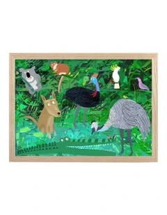 Australian Made Australian Animals in the Jungle Kids Art Print Natural Frame