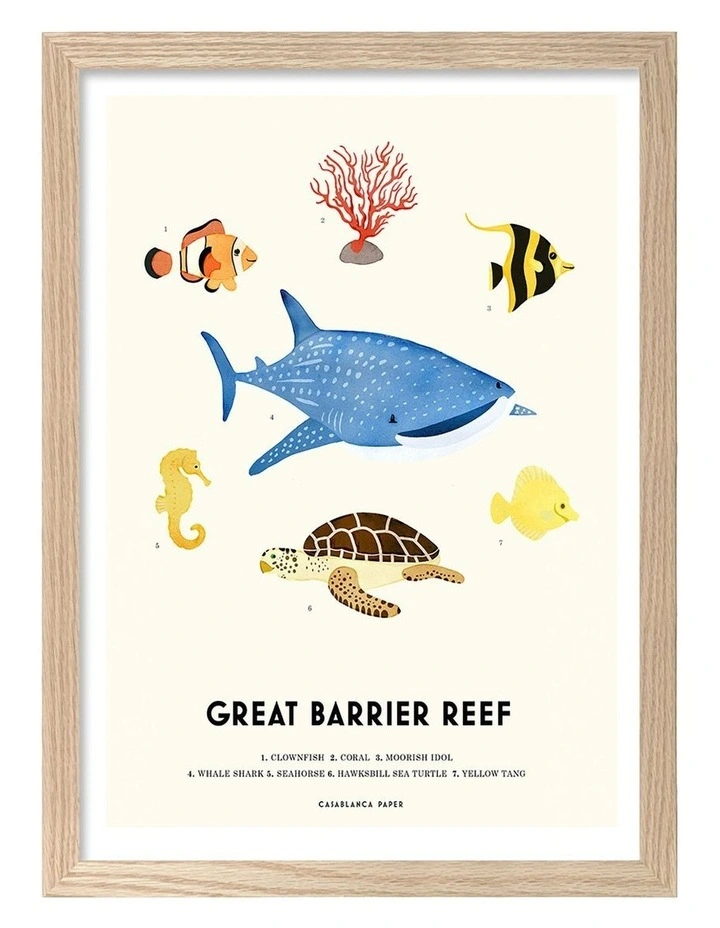 Australian Made Barrier Reef Sealife Kids Art Print Natural Frame image 1