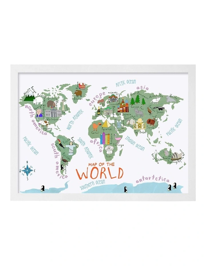 Australian Made Illustrated World Map Kids Art Print White Frame image 1