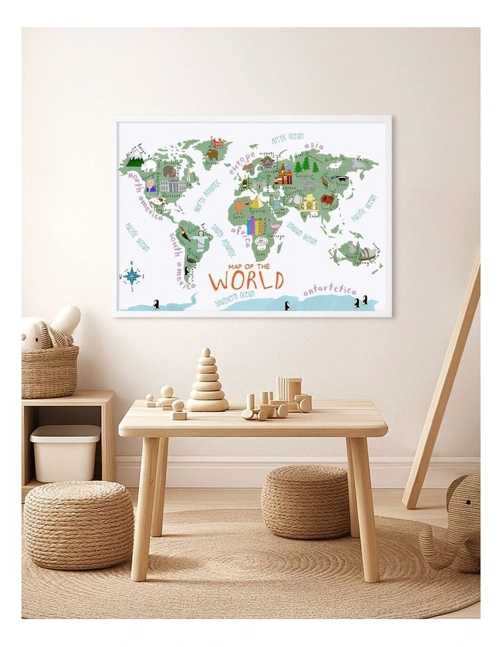 Australian Made Illustrated World Map Kids Art Print White Frame image 2