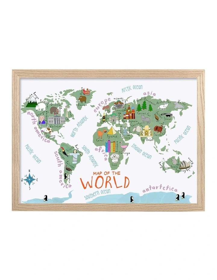Australian Made Illustrated World Map Kids Art Print Natural Frame image 1
