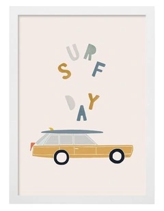 Australian Made Retro Surfing Car Kids Art Print White Frame