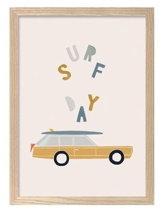 Australian Made Retro Surfing Car Kids Art Print Natural Frame