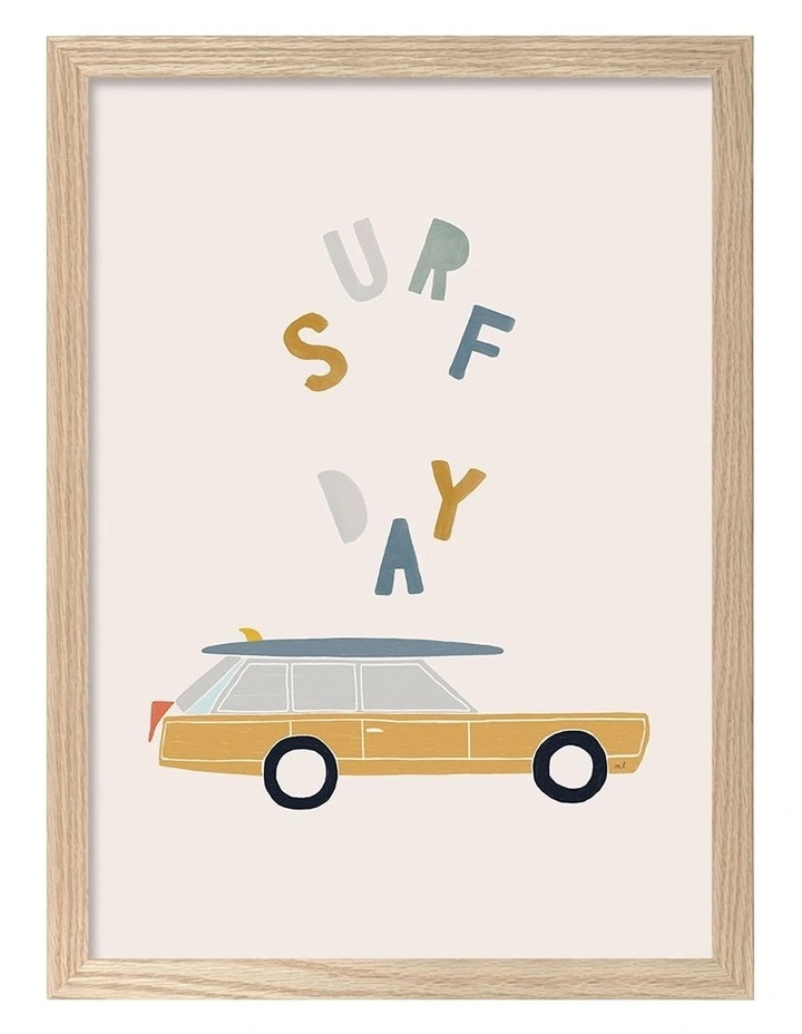 Australian Made Retro Surfing Car Kids Art Print Natural Frame image 1