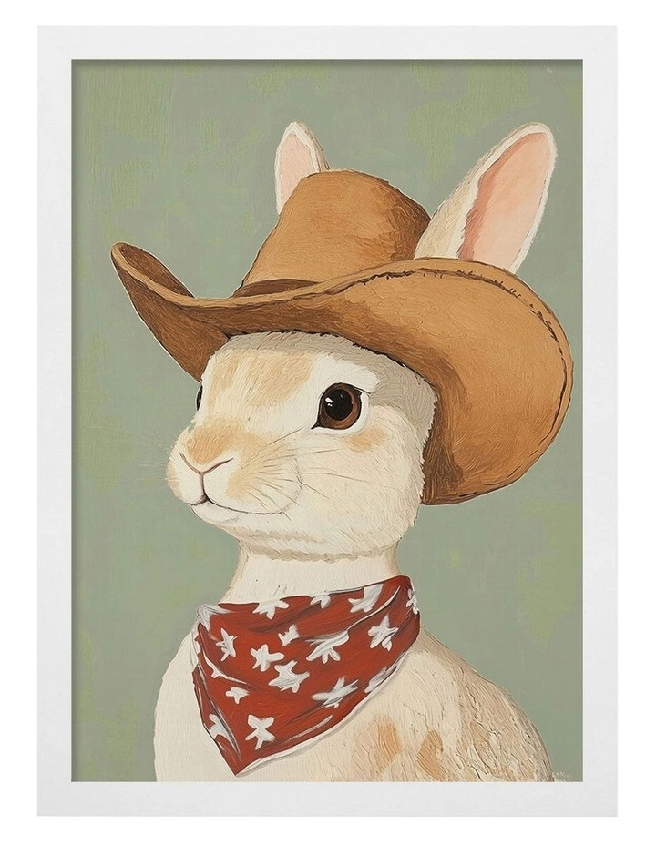 Australian Made Cowboy Rabbit Kids Art Print White Frame image 1