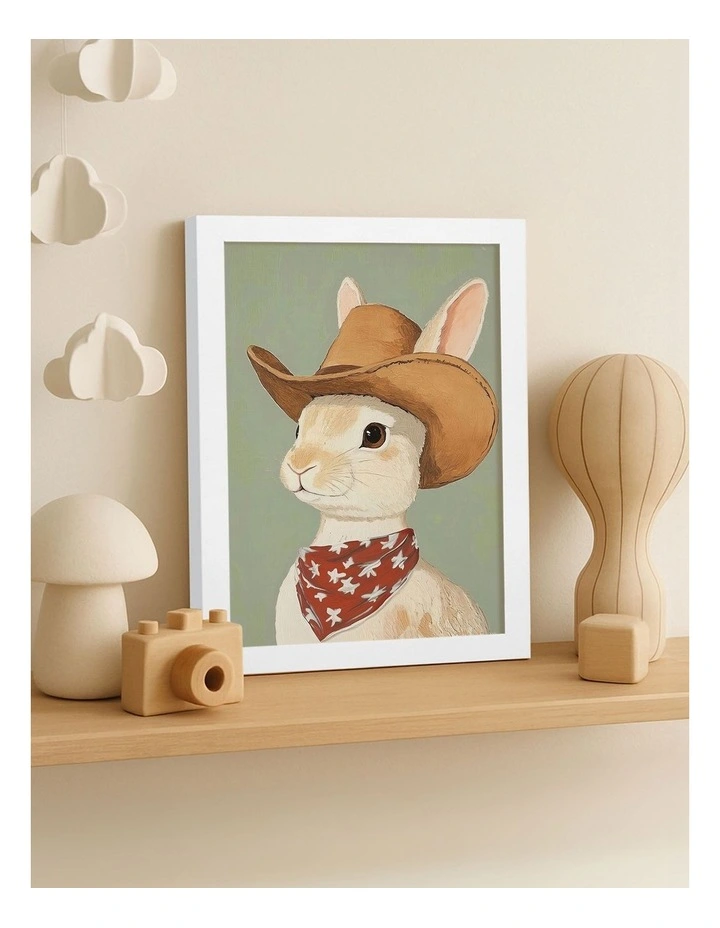 Australian Made Cowboy Rabbit Kids Art Print White Frame image 2