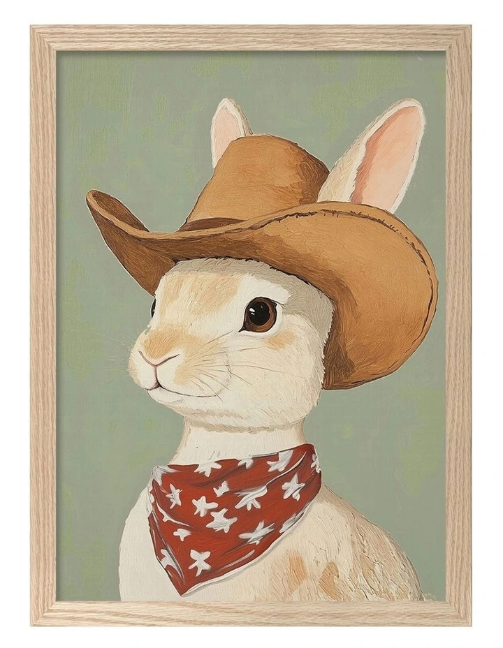Australian Made Cowboy Rabbit Kids Art Print Natural Frame image 1