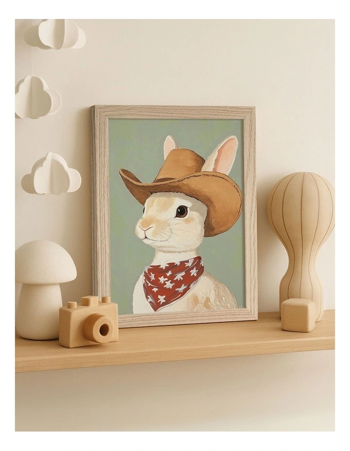 Australian Made Cowboy Rabbit Kids Art Print Natural Frame image 2