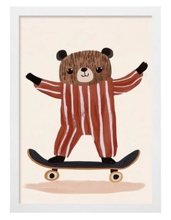 Australian Made Skater Bear Kids Art Print White Frame
