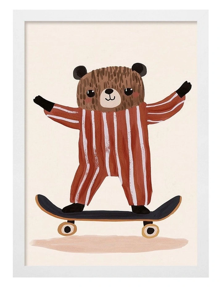 Australian Made Skater Bear Kids Art Print White Frame image 1