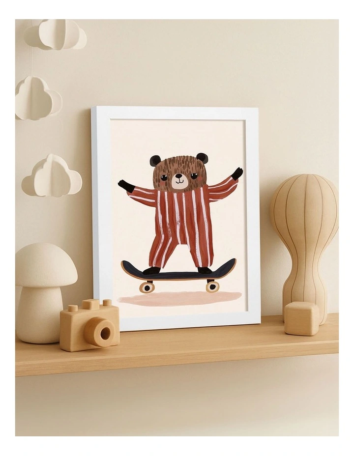 Australian Made Skater Bear Kids Art Print White Frame image 2