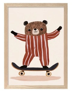 Australian Made Skater Bear Kids Art Print Natural Frame
