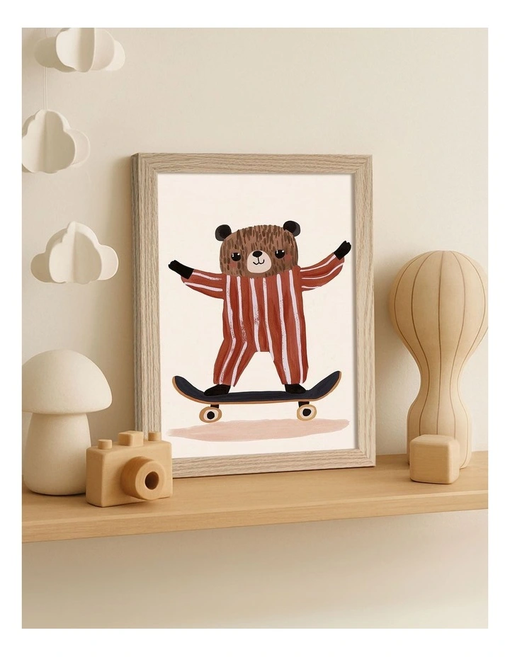 Australian Made Skater Bear Kids Art Print Natural Frame image 2